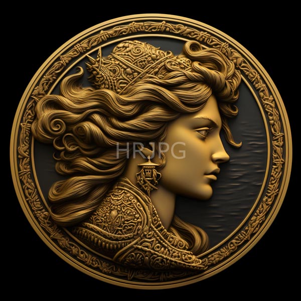 High Resolution: Golden bust portrait regal woman wavy hair wearing ornate crown intricate armor She gazes right detailed earring and textured download. | HRJPG.com