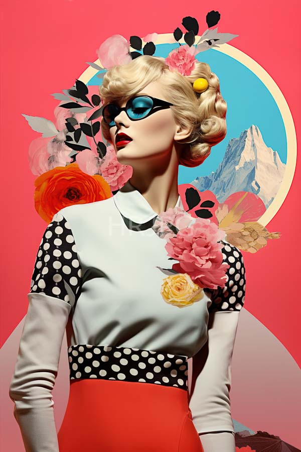 High Resolution: Blonde woman curled hair wearing black sunglasses red lipstick white dress black polka dot sleeves red waistband download. | HRJPG.com