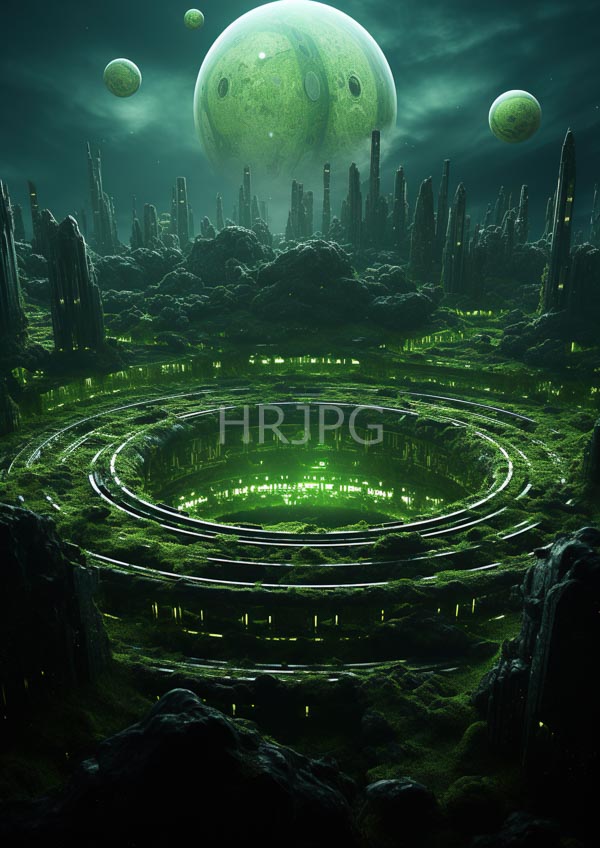 High Resolution: Surreal green-lit alien landscape large glowing green planet dominates surrounded smaller green orbs download. | HRJPG.com