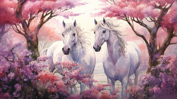 High Resolution: Two white horses flowing manes standing amidst vibrant pink-hued forest horses realistic yet slightly ethereal features surrounded blooming download. | HRJPG.com