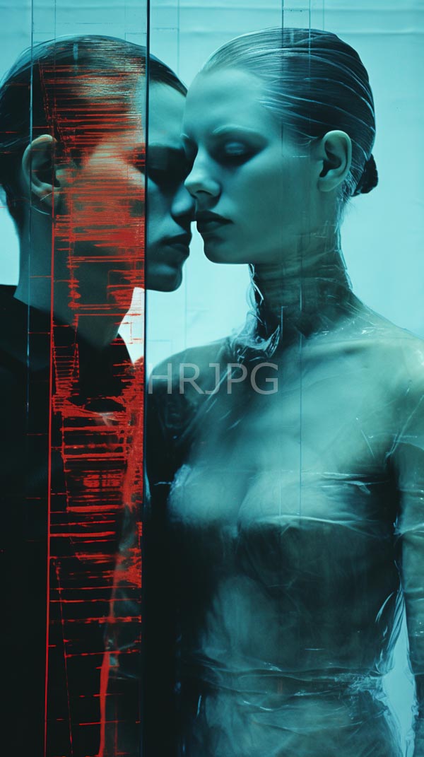 High Resolution: Pale-skinned blonde woman slicked-back hair wearing sheer transparent top standing close man short brown hair reflected glass download. | HRJPG.com