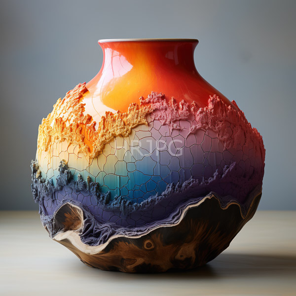 High Resolution: Glossy round ceramic vase cracked textured surface vase transitions vibrant red top orange yellow blue and purple bottom download. | HRJPG.com
