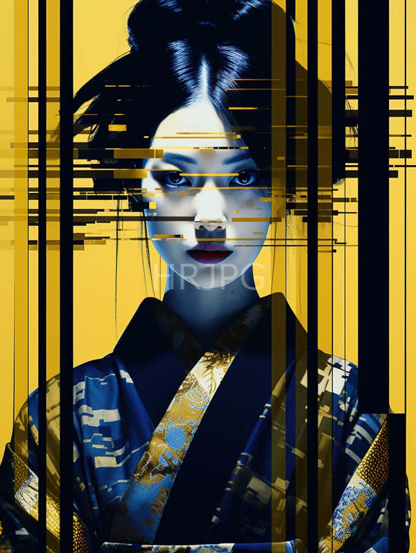 High Resolution: East Asian woman pale skin dark hair intricate updo wearing blue and gold patterned kimono Her face partially obscured black download. | HRJPG.com