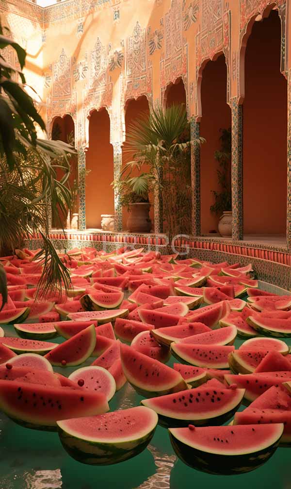 High Resolution: Ornate sunlit courtyard intricate colorful tile patterns orange walls small round pool filled numerous slices watermelon their red download. | HRJPG.com