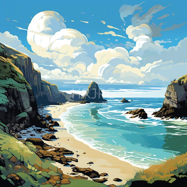 High Resolution: Vibrant coastal scene sandy beach gentle waves curves around rocky cliffs left and right prominent jagged rock formation stands download. | HRJPG.com
