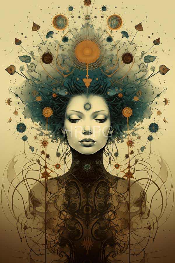 High Resolution: Serene monochromatic female face closed eyes adorned intricate abstract teal and gold celestial patterns and symbols download. | HRJPG.com