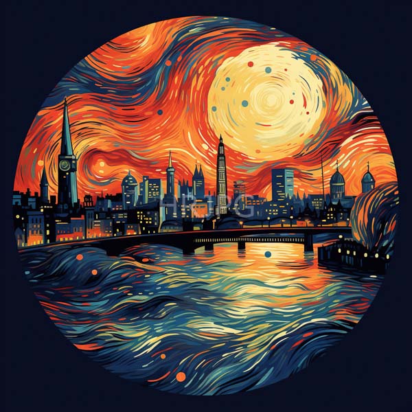 High Resolution: Vibrant swirling style reminiscent Vincent van Gogh's "Starry Night" depicts cityscape night circular composition features dynamic orange and yellow download. | HRJPG.com