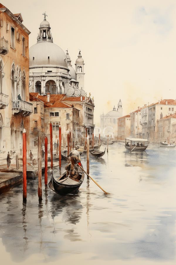High Resolution: Watercolor Venetian canal gondolier dark hair red shirt rows black gondola yellow oar Red pilings line canal leading download. | HRJPG.com