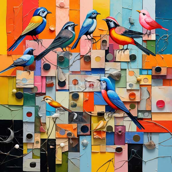 High Resolution: Vibrant colorful abstract mosaic wall seven stylized birds vivid blue red yellow and green feathers download. | HRJPG.com