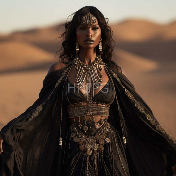 High Resolution: Dark-skinned Black woman wavy black hair standing desert sand dunes background She wears elaborate black outfit adorned gold download. | HRJPG.com