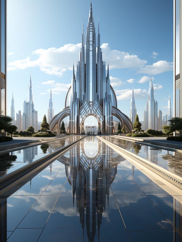 High Resolution: Futuristic cityscape featuring central towering silver skyscraper intricate curved designs reflecting wide mirror-like waterway download. | HRJPG.com