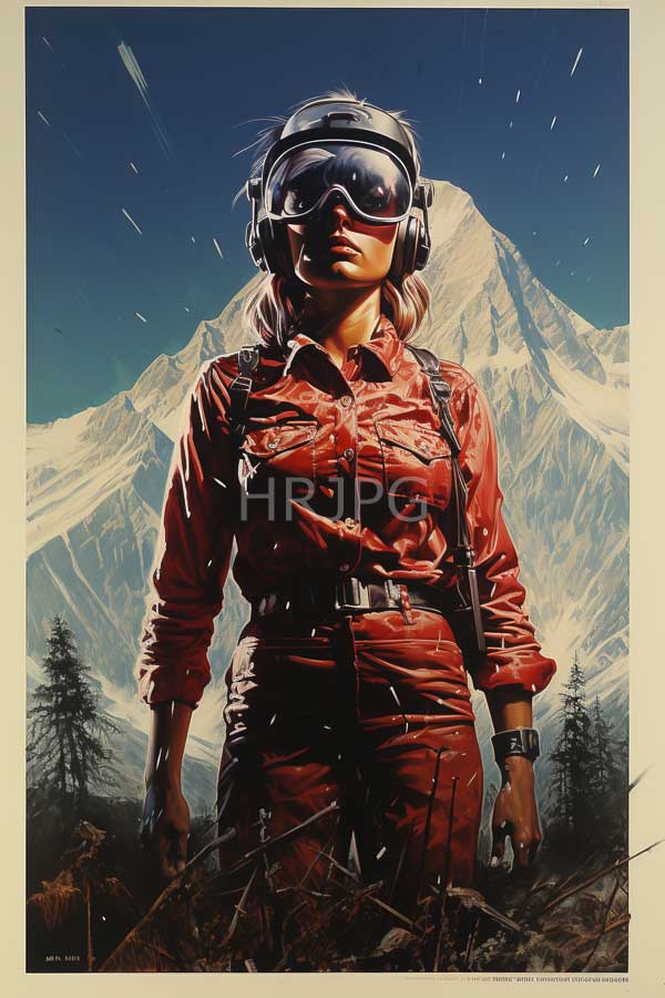 High Resolution: Confident woman red button-up jumpsuit suspenders wearing silver helmet and goggles She stands mountainous landscape snow-capped peaks and pine download. | HRJPG.com