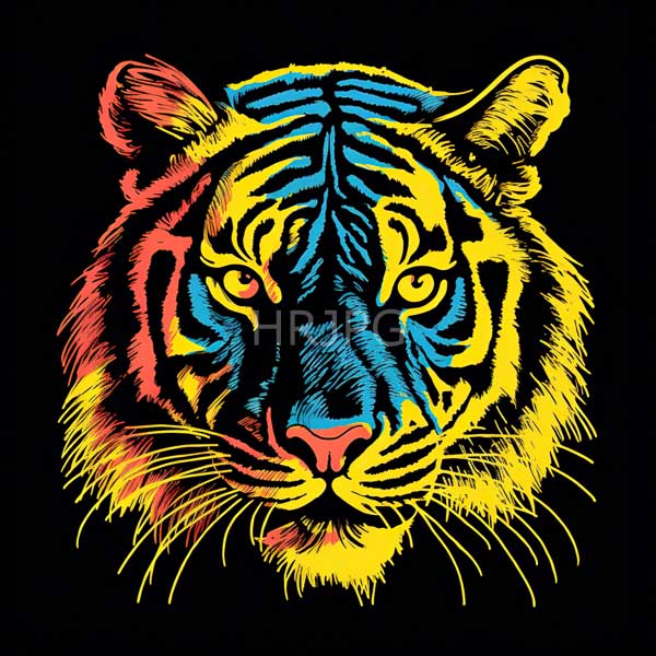 High Resolution: Tiger's head vibrant neon colors yellow blue red and black intense eyes detailed whiskers and striped fur are prominently download. | HRJPG.com