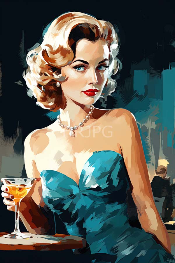 High Resolution: Blonde fair-skinned woman curled hair wearing strapless teal evening gown pearl necklace She holds cocktail glass her right hand download. | HRJPG.com