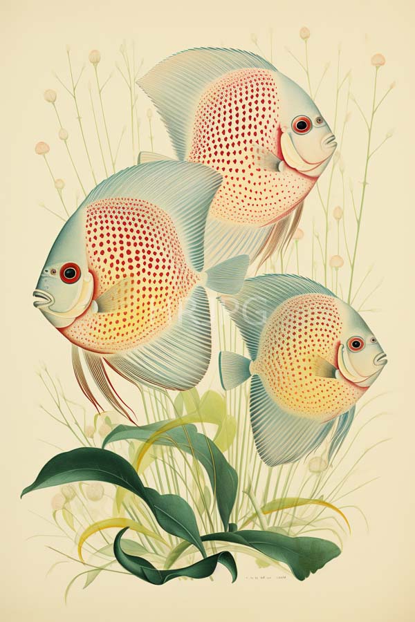 High Resolution: Three colorful patterned fish red and yellow dotted scales blue-green fins red eyes swimming above green aquatic plants and download. | HRJPG.com