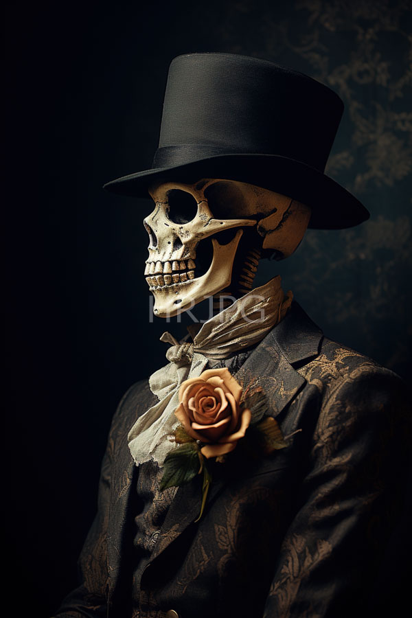 High Resolution: Skeletal human head wearing black top hat ornate dark gray patterned suit beige cravat detailed realistic rose pinned download. | HRJPG.com