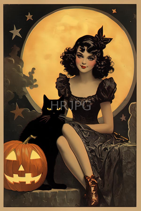 High Resolution: Vintage-style fair-skinned dark-haired woman curly hair red lipstick wearing black puffed-sleeve dress red lace-up shoes She sits stone download. | HRJPG.com