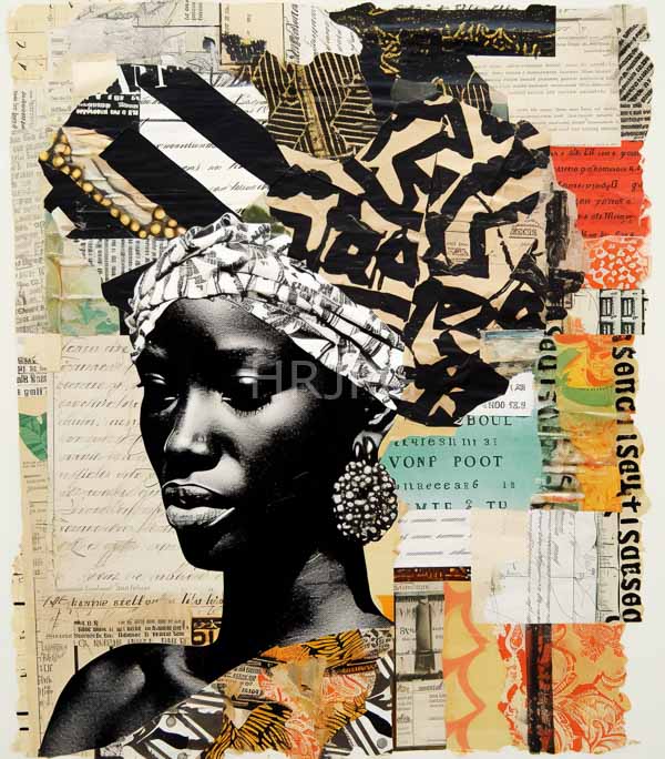 High Resolution: Black and white collage detailed realistic portrait African woman patterned headwrap large beaded earrings download. | HRJPG.com