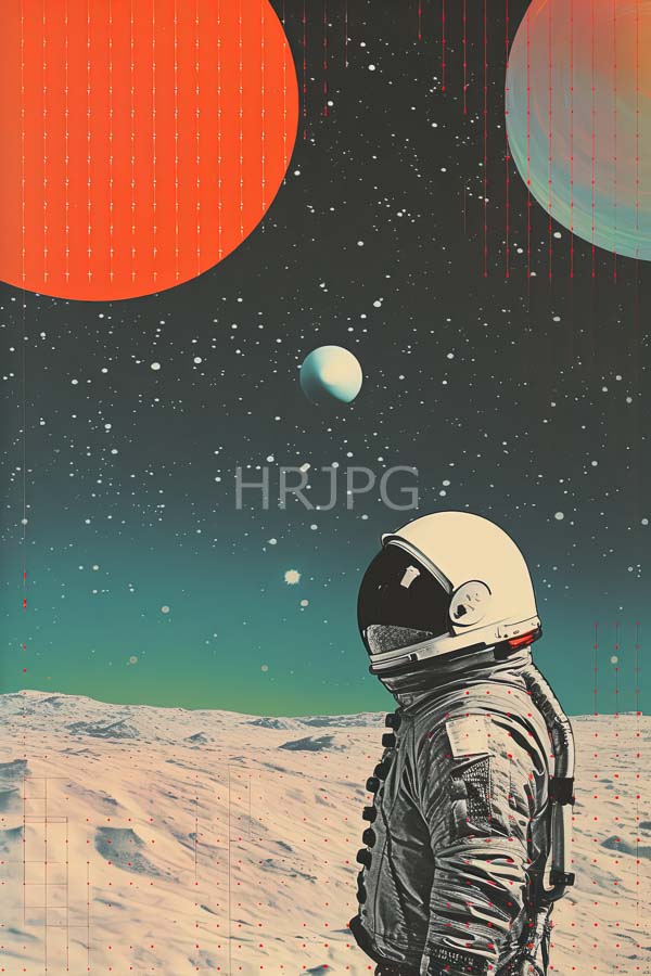 High Resolution: Astronaut white spacesuit reflective helmet standing snowy lunar surface features starry sky two large red and blue planets download. | HRJPG.com