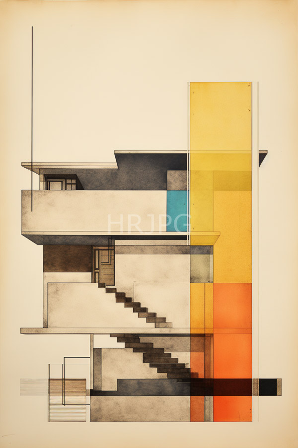 High Resolution: Geometric modernist style depicts minimalist abstract representation building structure features staircase left leading small balcony window download. | HRJPG.com