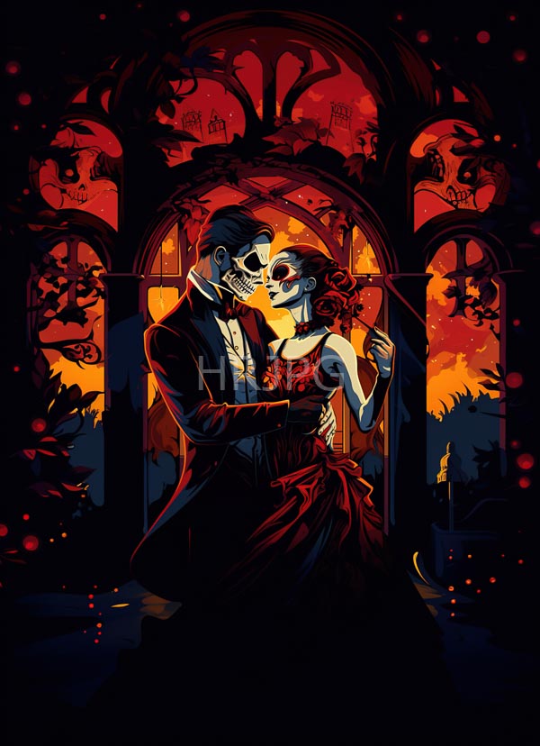 High Resolution: Dark gothic dance scene skeletal couple formal attire male skeleton black tuxedo holds female skeleton red flower-adorned hair and download. | HRJPG.com