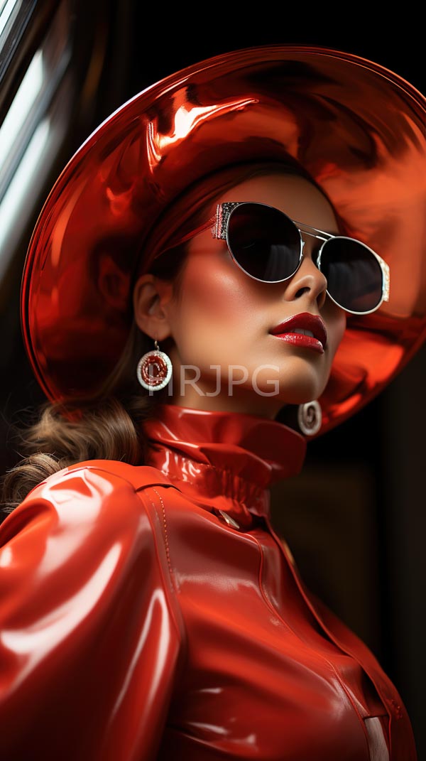 High Resolution: Woman light skin wearing shiny red latex outfit matching wide-brimmed hat large round sunglasses She has red lipstick red download. | HRJPG.com