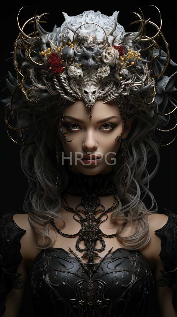 High Resolution: Pale-skinned ethereal woman silver hair wearing elaborate ornate black and gold headdress adorned antlers and red flowers download. | HRJPG.com