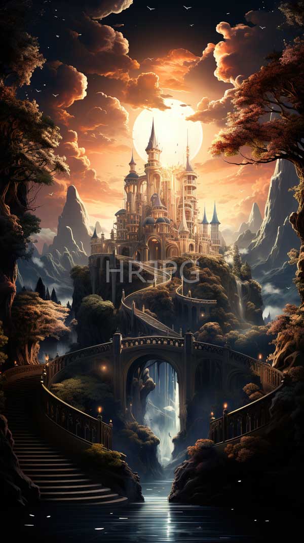 High Resolution: Majestic golden castle multiple spires set against dramatic sunset sky orange and pink clouds castle nestled lush forested hill download. | HRJPG.com