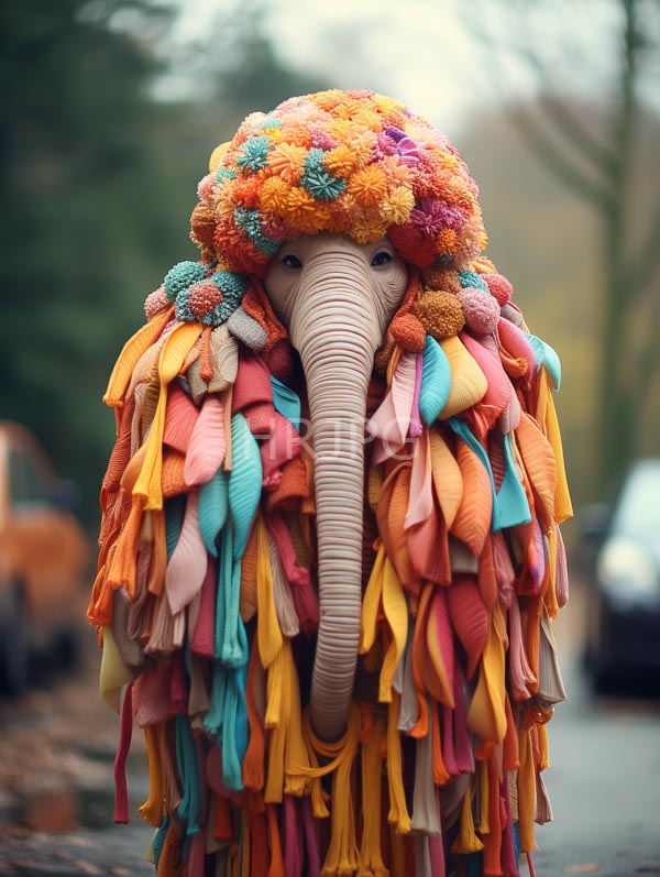High Resolution: Elephant adorned vibrant colorful headdress orange pink and blue flowers elephant's trunk prominently centered surrounded multicolored fabric ribbons download. | HRJPG.com