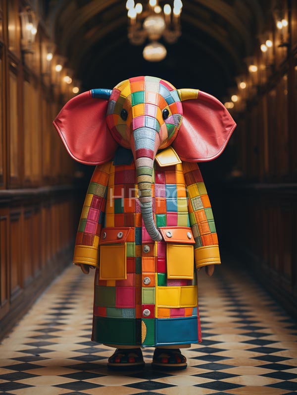 High Resolution: Colorful patchwork elephant statue standing dimly lit wooden-paneled hallway black-and-white checkered floor download. | HRJPG.com