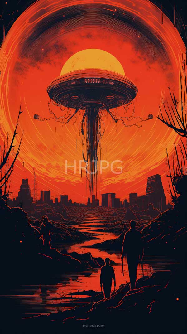High Resolution: Surreal red-orange sunset massive saucer-shaped UFO dangling cables hovers above cityscape Silhouetted figures one adult one child stand download. | HRJPG.com