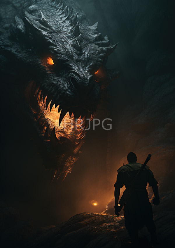 High Resolution: Dark misty cave large menacing dragon glowing orange eyes sharp jagged teeth looms foreground its textured scaly skin illuminated download. | HRJPG.com