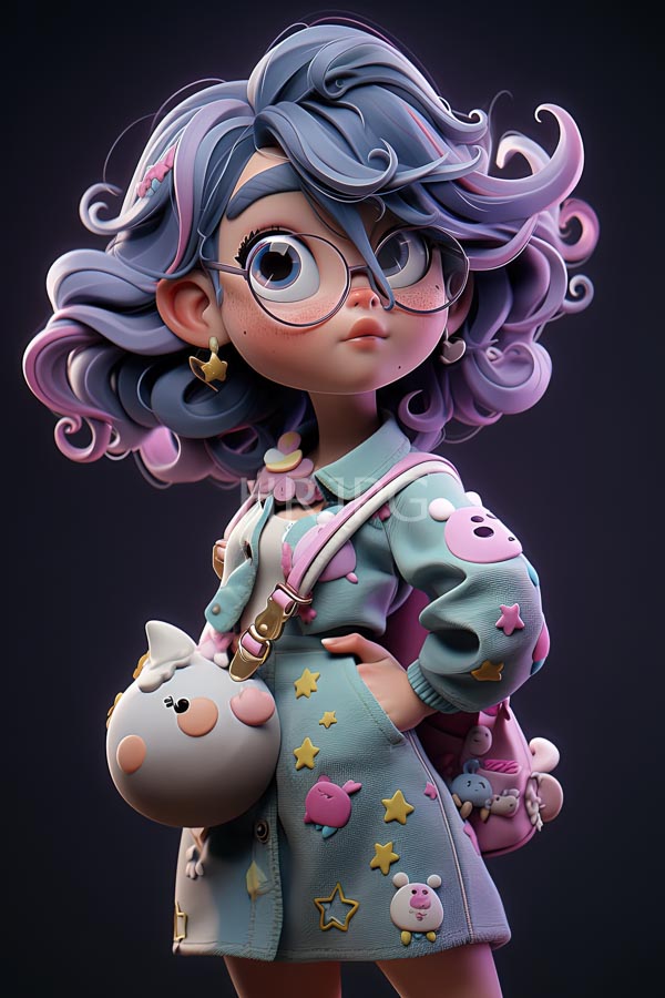 High Resolution: Cute young girl large round glasses wavy purple-blue hair She wears pastel blue dress adorned stars pigs and pink download. | HRJPG.com