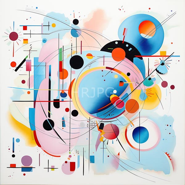 High Resolution: Vibrant abstract features complex composition colorful geometric shapes and lines Dominated blue red orange and pink circles piece includes download. | HRJPG.com