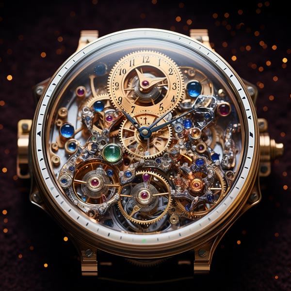 High Resolution: Luxurious intricate mechanical watch exposed gears colorful gemstones and gold components watch face features small ornate gears and variously download. | HRJPG.com