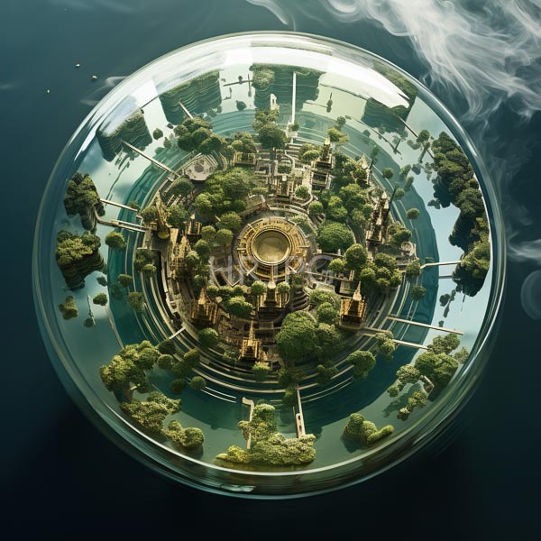High Resolution: Circular floating cityscape viewed from above city features green trees ancient-style buildings gold roofs and central circular plaza download. | HRJPG.com