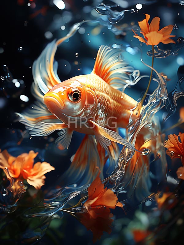 High Resolution: Vibrant orange goldfish flowing translucent fins swimming amidst swirling water and orange aquatic flowers download. | HRJPG.com