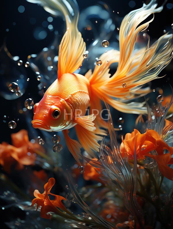 High Resolution: Vibrant orange goldfish flowing translucent fins swimming amidst floating bubbles and orange flowers features dark blurred aquatic setting highlighting download. | HRJPG.com
