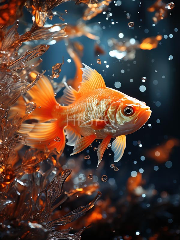 High Resolution: Vibrant orange goldfish translucent fins swimming amidst dynamic water splashes fish's scales shimmer light its large expressive eye clearly download. | HRJPG.com