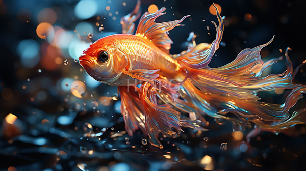 High Resolution: Vibrant orange-golden fish flowing translucent fins swimming dynamically through water fish's scales shimmer mix orange gold and pink hues download. | HRJPG.com