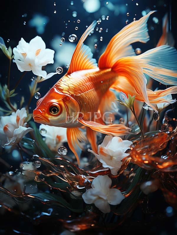 High Resolution: Vibrant orange goldfish flowing translucent fins swimming among white blooming flowers underwater bubbles surround fish which has shiny download. | HRJPG.com