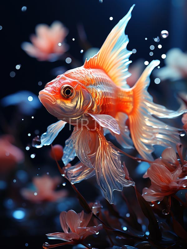 High Resolution: Vibrant orange-golden fish translucent flowing fins swimming amidst pink lotus flowers dark underwater setting fish's scales shimmer and bubbles download. | HRJPG.com