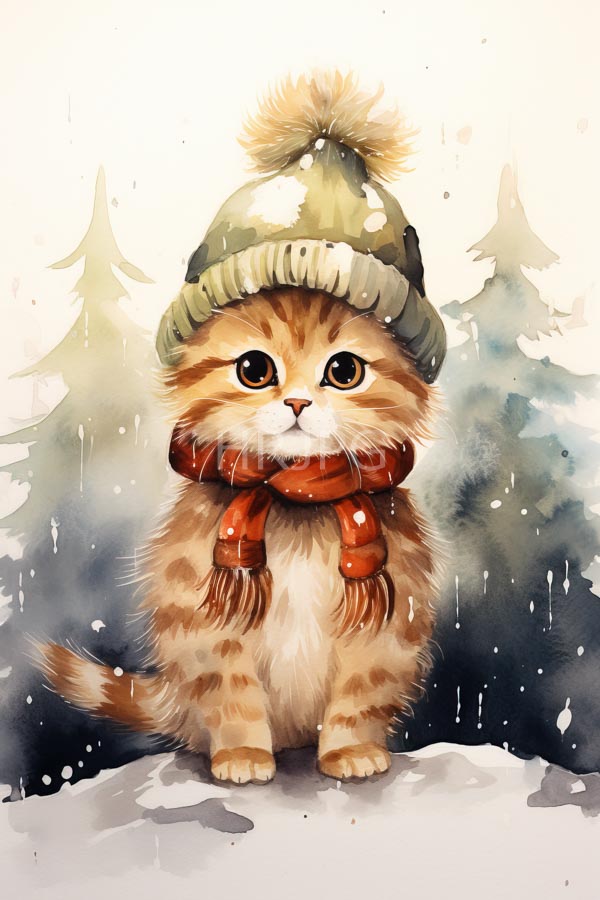 High Resolution: Watercolor adorable wide-eyed orange tabby kitten brown stripes wearing green knit hat fluffy pom-pom and red scarf download. | HRJPG.com
