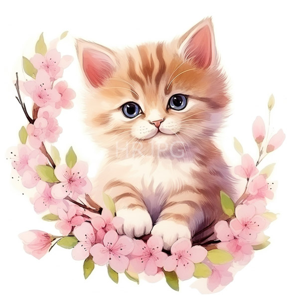 High Resolution: Adorable fluffy orange tabby kitten blue eyes sitting among pink cherry blossoms kitten's fur soft and detailed light and dark download. | HRJPG.com