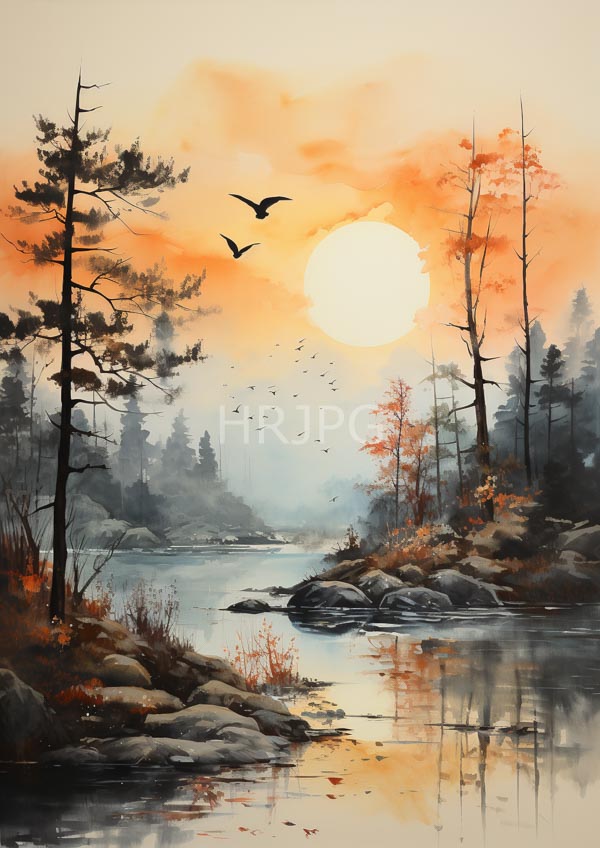 High Resolution: Serene misty forest landscape sunset sun glowing orange orb hangs low sky casting warm light download. | HRJPG.com