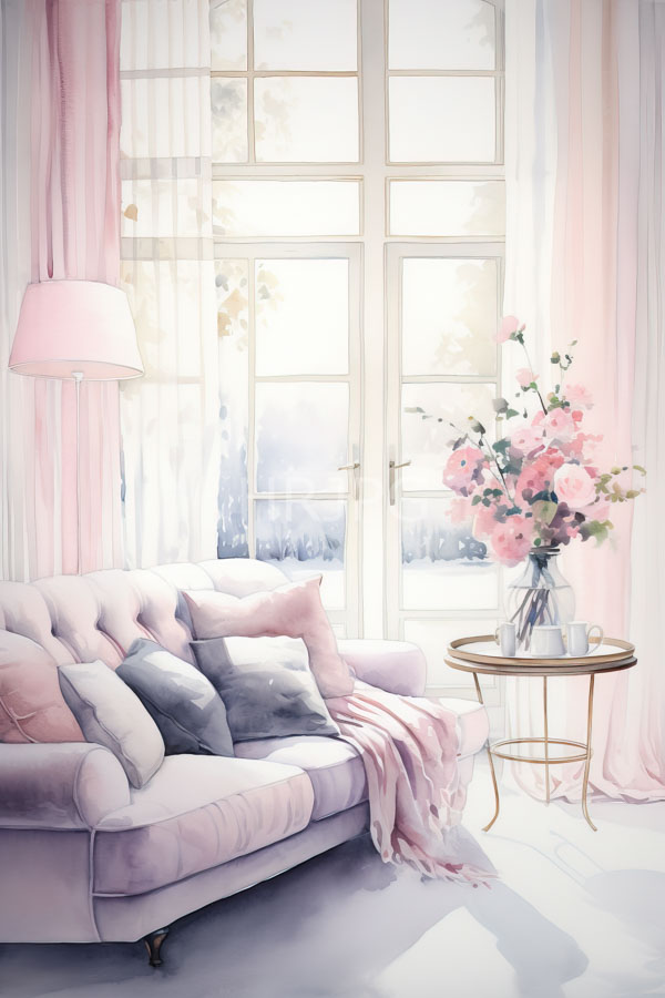 High Resolution: Pastel-themed living room plush lavender velvet sofa pink and gray cushions adorned pink throw blanket download. | HRJPG.com