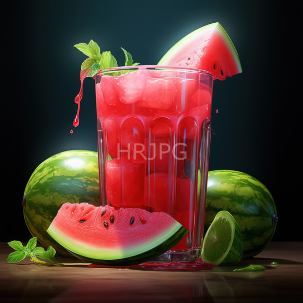 High Resolution: Vibrant red watermelon drink clear textured glass drink garnished watermelon slice fresh mint leaves some drink dripping download. | HRJPG.com
