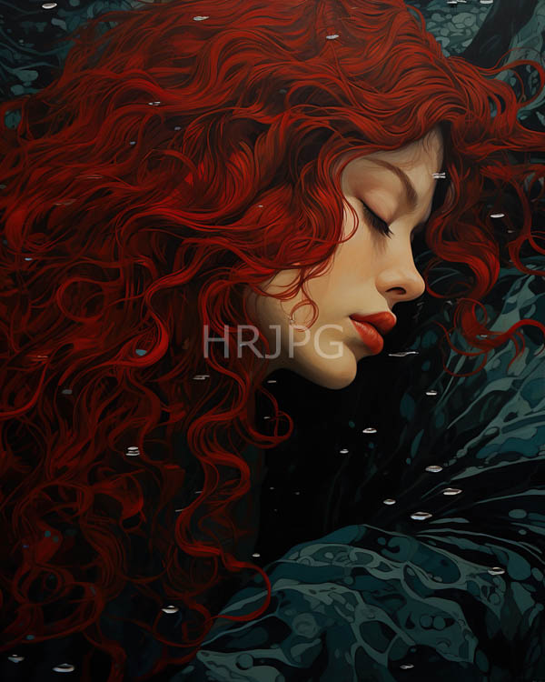 High Resolution: Serene woman flowing vibrant red curly hair closed eyes red lips She underwater surrounded dark swirling water patterns download. | HRJPG.com