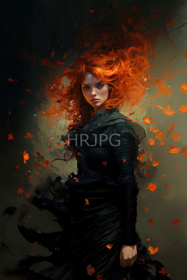 High Resolution: Striking fair-skinned woman vibrant curly red hair She wears dark flowing dress and her intense gaze directed viewer download. | HRJPG.com