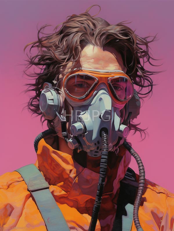 High Resolution: Person wavy brown hair wearing orange goggles gray gas mask black hose orange jacket green straps download. | HRJPG.com